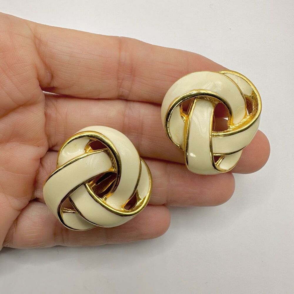 Vintage clip on cream and gold tone knot earrings